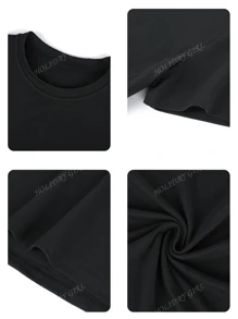 Set de 3 piezas, camiseta de mujer de verano de cuello redondo y manga corta, versátil y de unicolor, apropiada para uso diario. Blanco, negro y rosa