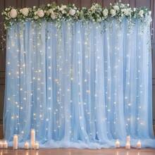 6 pièces Rideaux de fond en tulle blanc lumineux, rideaux de voile blanc pour arche de mariage avec guirlande lumineuse, décoration de fond de mariage 500*160 cm en voile transparent, décoration de plafond pour arche de mariage, convient pour les mariages, les fêtes d'anniversaire, la décoration de la maison, les accessoires photo