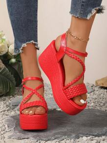 Plus Size Women's Woven Strap Buckle Open Toe Casual Anti-Slip Thick-Soled Comfortable Wedge Sandals, Versatile For Pants And Skirts, Summer - Red - View 6