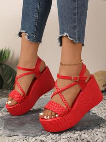 Plus Size Women's Woven Strap Buckle Open Toe Casual Anti-Slip Thick-Soled Comfortable Wedge Sandals, Versatile For Pants And Skirts, Summer - Red - View 9