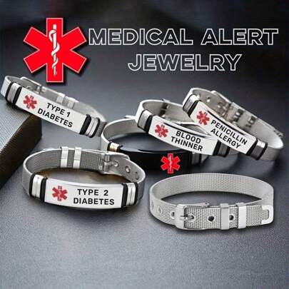 1pc Stainless Steel Medical Alert Bracelet, Life Star Medical Caution Wristband, Suitable For Patients