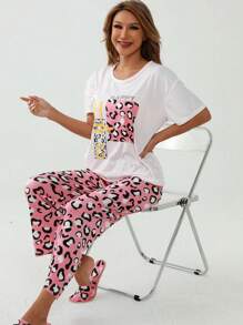 Pimavera y Verano Conjuntos de Descanso para Mujeres Ropa de Dormir para Mujeres, Pijama con estampado de dibujos animados, Incluye una camiseta de manga corta, un pantalón corto - Multicolor - Ver 2