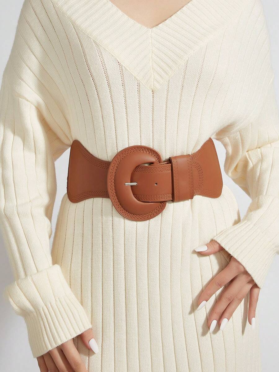 1 件春夏新款休闲 PU 皮革韩版圆扣松紧腰带，适合连衣裙、毛衣的时尚配饰 - 咖啡 - 查看 1