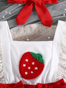 Infants Girls' Strawberry Embroidered Romper With Ruffle Hem & Headband, Cute Summer - Red - View 4