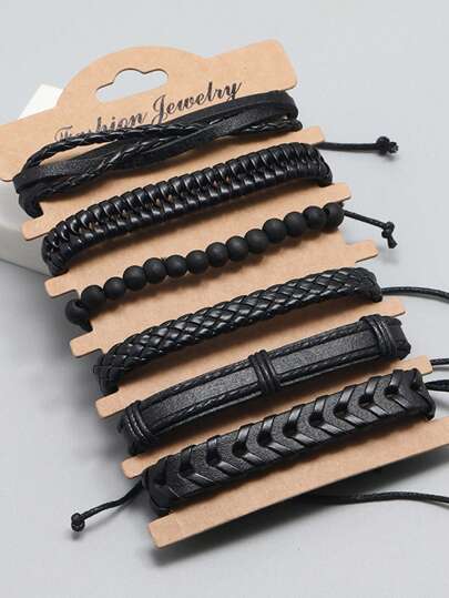 6pcs Vintage Black Woven Leather Bracelet DIY Combination Set For Men