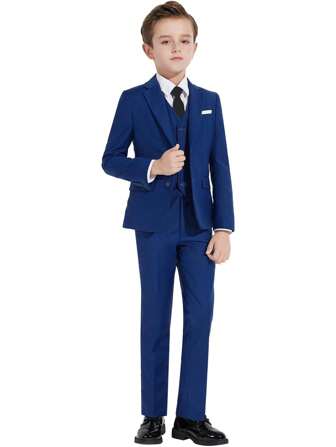 Traje de 4 piezas para niños preadolescentes: Blazer, pantalones, corbata, pajarita