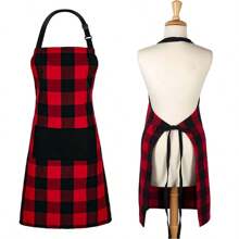 1 pieza Delantal a cuadros búfalo con 2 bolsillos, delantal de chef ajustable para cocinar en la cocina, rojo y negro