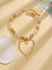1 件手工制作粗仿珍珠串珠项链，空心心形吊坠毛衣链，时尚珠宝，女性必备配饰，完美的母亲节礼物