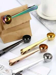 Cuchara medidora de acero inoxidable 2 en 1 con clip para bolsa, herramienta multifuncional para medir y sellar granos de café frescos, clip de sellado; joyas doradas de cocina, decoraciones de café espresso