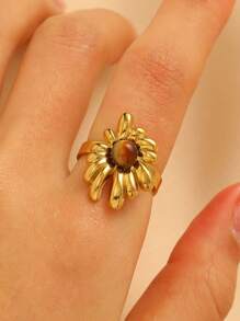 1 件复古不锈钢金色天然宝石开口戒指，百搭时尚戒指适合女性所有场合 - 彩色 - 查看 4