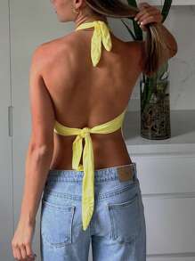 Women's Sexy Halter Neck Tank Tops Y2K Tie Back Tops Solid Color Crop Tops Slim Fit Vest Top Satin Tank Tops Party Shirts Going Out Tops - 黃色 - 查看 3