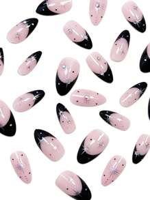 Juego de 24 uñas postizas negras con diseño de punta francesa de almendra con cristales de rhinestone 3D y brillo, ajuste perfecto para uñas acrílicas medianas. Contiene 1 pegamento de gel y 1 lima de uñas. Uñas de arte de punta francesa fáciles de llevar para uso diario de mujeres y niñas, y para fiestas rave.