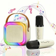 EARISE 2-Mic Mini Karaoke Machine, Portable Wireless Microphone Speaker With LED Lights For Birthday Parties, Family Gatherings, Christmas Gifts, New Year's Gifts, Birthday Presents (Multiple Color Options Available) - 米色 - 查看 2
