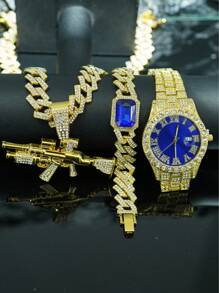 1 Set Men's Personalized Alloy Rhinestone Embellished Rifle Pendant Necklace, Gemstone Bracelet, Watch, European & American Stylish Hip-Hop Accessory, High-End Gift Box - Gun Set - View 8