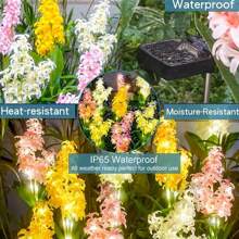 复活节礼物新款太阳能风信子LED庭院灯，太阳能灯LED草坪灯，风信子花灯设计，风信子花灯笼，庭院装饰花园，户外防水地插景观灯，亮黄色，粉色，白色花朵装饰 - 彩色 - 查看 6