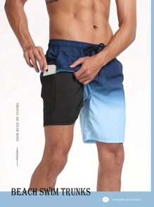 Gradient Color Quick Dry Beach Men Shorts For Men - Stretchy, Men's Two Layers Board Men's Swim Trunk Shorts With Pockets Breathable, And Perfect For Summer Outdoor Activities / Sports / Gym