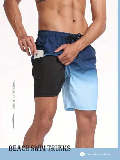 Gradient Color Quick Dry Beach Men Shorts For Men - Stretchy, Men's Two Layers Board Men's Swim Trunk Shorts With Pockets Breathable, And Perfect For Summer Outdoor Activities / Sports / Gym