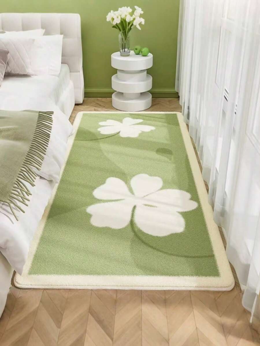 花朵图案绿色地毯，风格简约奢华，仿羊绒长条吸水防滑耐磨舒适客厅卧室床边地毯，适合四季家居使用，可水洗地毯 - 綠色 - 查看 1