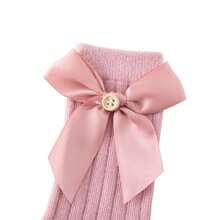 Girl Ribbed Socks Pair, Toddler Elastic Cuff Solid Color Bow Decor Middle Length Baby Stockings - Pink - View 3