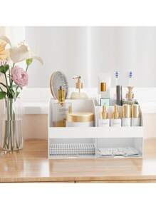 1 Pieza Organizador de maquillaje con cajones, almacenamiento de cosméticos para tocador, vanidad y encimera del baño, soporte de belleza para lápiz labial y brochas, organizador de productos de cuidado de la piel para tocador, vitrina para cosméticos