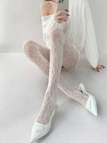 半双全新复古性感丝袜，花卉蕾丝镂空白色连裤袜，黑色透明蕾丝紧身裤，适合春夏搭配连衣裙，圣诞礼物佳选 - 白色 - 查看 5