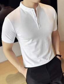 Men's 3 Button Henley T-Shirt With Priest Collar Slim Cotton Premium Portuguese Priest Collar Polo Shirt - 白色 - 查看 2