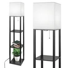 Floor Lamp With Shelves, Shelf Floor Lamp For Living Room With 3 Color Temperature, Modern Storage Wood Standing Floor Lamp With Linen Shade For Living Room, Bedroom, Office - US A Type Plug(110-127V) - View 1