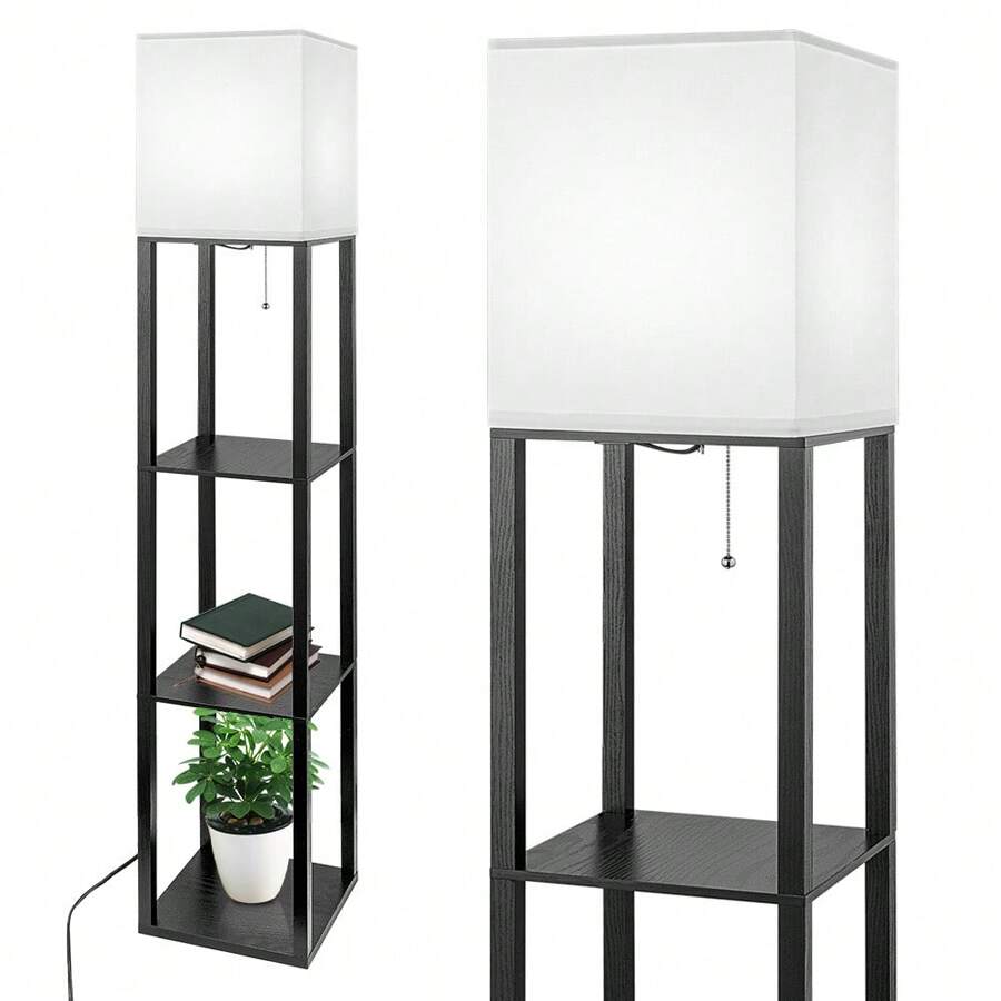 Floor Lamp With Shelves, Shelf Floor Lamp For Living Room With 3 Color Temperature, Modern Storage Wood Standing Floor Lamp With Linen Shade For Living Room, Bedroom, Office - US A Type Plug(110-127V) - View 1