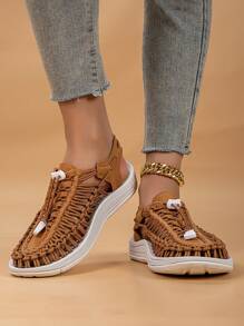 Black Handmade Woven Summer Sandals For Women, Comfortable Casual Walking Shoes, Closed Toe Breathable Slides, Plus Size Ladies Beach Shoes