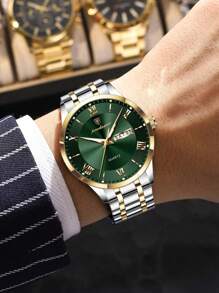 1 pieza Reloj de pulsera de cuarzo de acero inoxidable dorado con estilo de negocios para hombres, con calendario de semana y doble pantalla, resistente al agua 30M, función de manecillas luminosas, reloj casual para hombres con estuche, juego de regalo para hombres