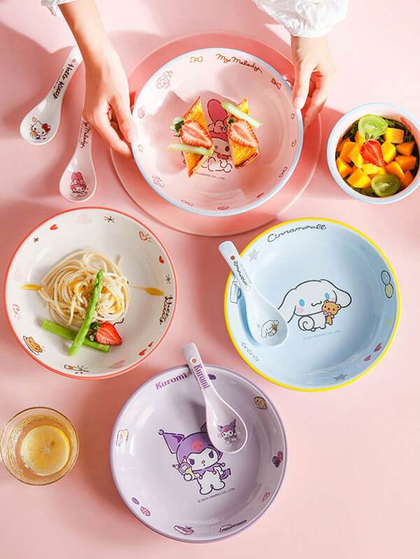 Sanrio 1pc Sanrio Bonito Desenho Animado Altamente Atraente Tigela de Cerâmica Tigela de Arroz Portátil Tigela de Sopa KT Kuromi Estudante Talheres
