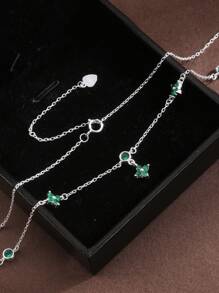 1pc 925 Sterling Silver Four-Leaf Clover Zirconia Pendant Necklace, Fashionable Delicate Collarbone Chain, Exquisite Gift For Women - Silver - View 7