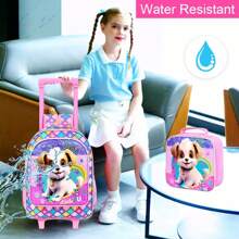 3件套女童拉杆背包，儿童带轮书包，小学生拉杆背包带午餐袋 - 小狗图案 - 雙拉桿背包 - 查看 11