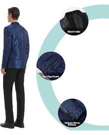Men's Floral Dinner Party Prom Wedding Stylish Suits For Men One Button Dinner Jacket Pants Sethalloween - 藍色-2件 - 查看 5
