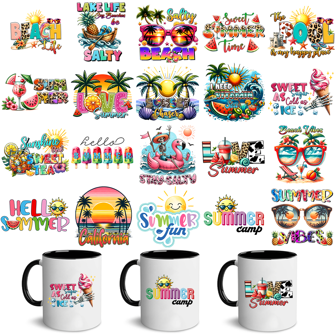 1 Sheet (20 Patterns Available For Cutting) Hello Summer Series UV DTF Stickers - Waterproof PVC Self-Adhesive Stickers Suitable For 16oz Libby Glasses, 11oz Mugs, Walls, Windows, Bottles, Laptops, Phone Cases, Smooth Surfaces - Cartoon Design, DIY Craft Decoration