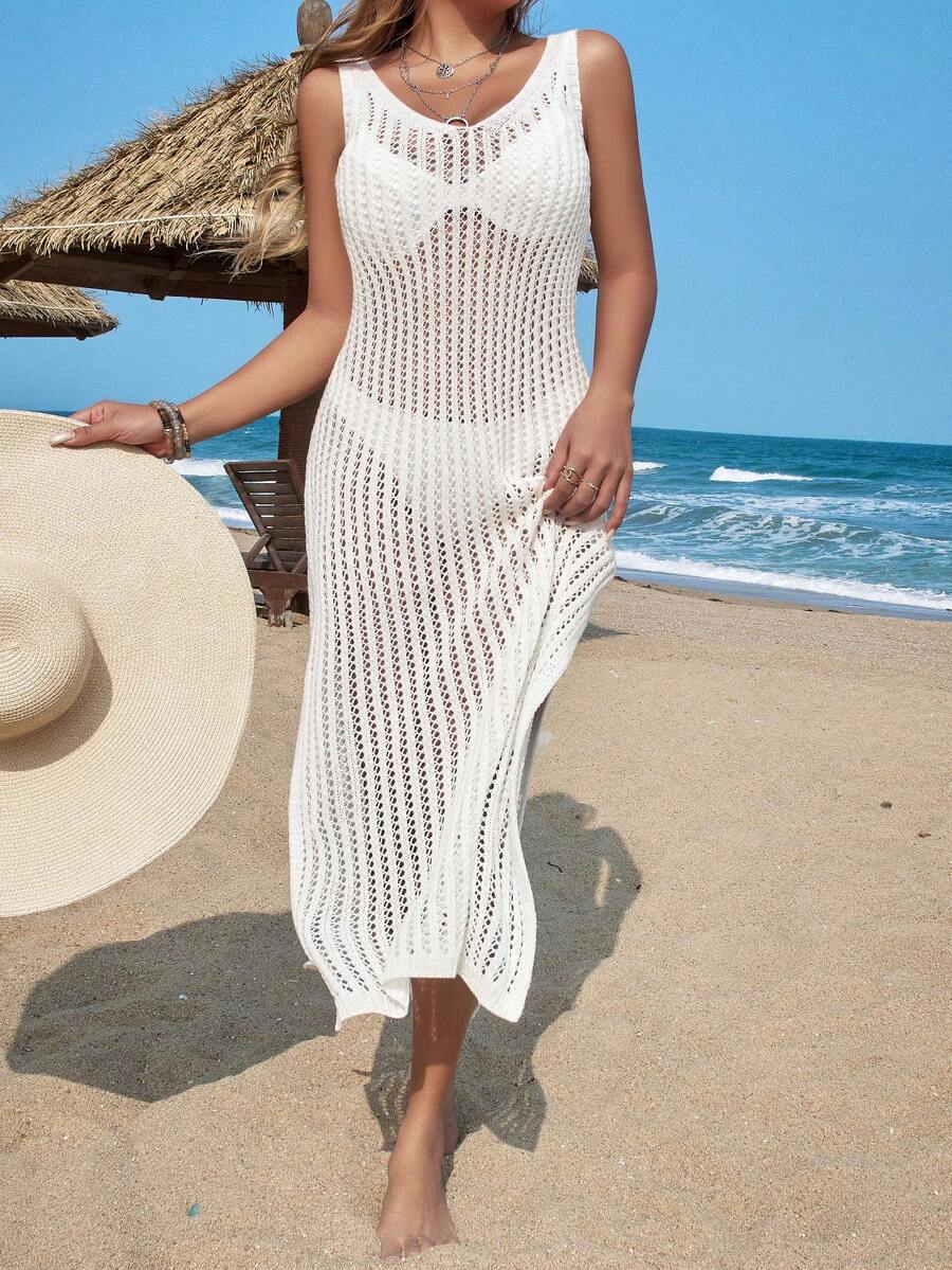 Women's Fashionable Hollow Out Round Neck Mesh Swimwear Cover Up Dress, Not Bikini (Bikini Not Included) - White - View 1