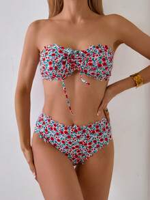 Summer Beach Sweet Floral Print Shell Edge Bikini Set With Front Drawstring, Perfect For Beach Parties - Multicolor - View 3