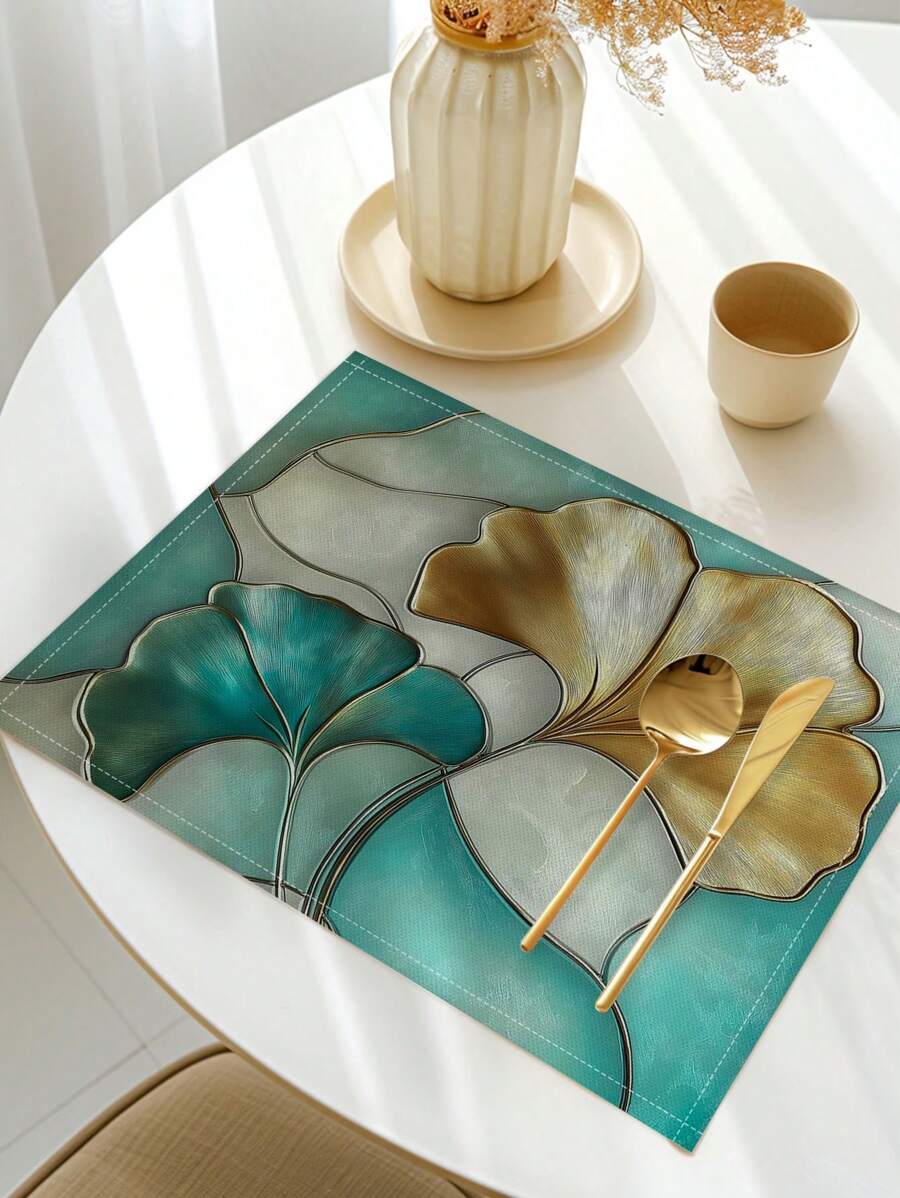 4 件套植物叶银杏印花餐垫，现代涤纶纤维厨房餐桌装饰布，适用于餐厅和厨房的圣诞装饰