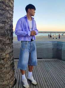 百慕大牛仔短裤，夏季宽松百搭休闲七分牛仔裤，时尚街头运动学院风，适合日常通勤、居家、休闲、户外活动、与朋友聚会 - 藍色 - 查看 2