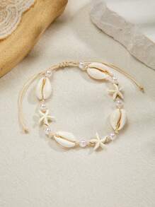 1 pieza Tobillera de estilo bohemio y playero con estrella de mar de turquesa y perlas falsas, tejida e impermeable, adecuada para mujeres de vacaciones