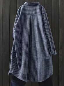 女式条纹长袖宽松休闲衬衫，正面按扣，春/秋 - 藍色 - 查看 2