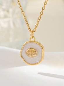 1pc Aço Inoxidável Golfinho & Branco Disco de Concha Pingente Colar, Adequado Para Uso Diário Feminino E Férias - Ouro amarelo - Ver 8