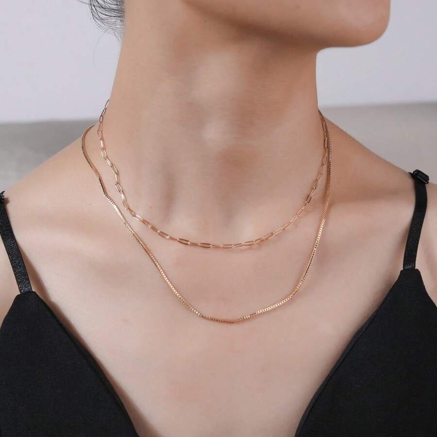 2pcs Set Minimalist Chic European & American Style Casual Women Necklaces - Gold - View 1