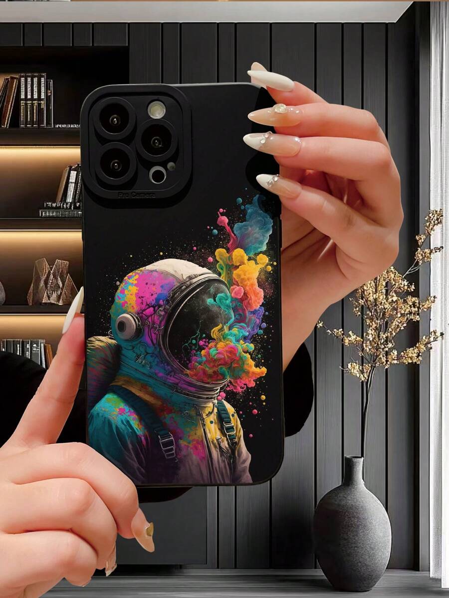 1 件时尚宇航员图案全身防震相机镜头手机壳，简约设计，兼容 iPhone//OPPO/Vivo// 系列 - 黑色 - 查看 1