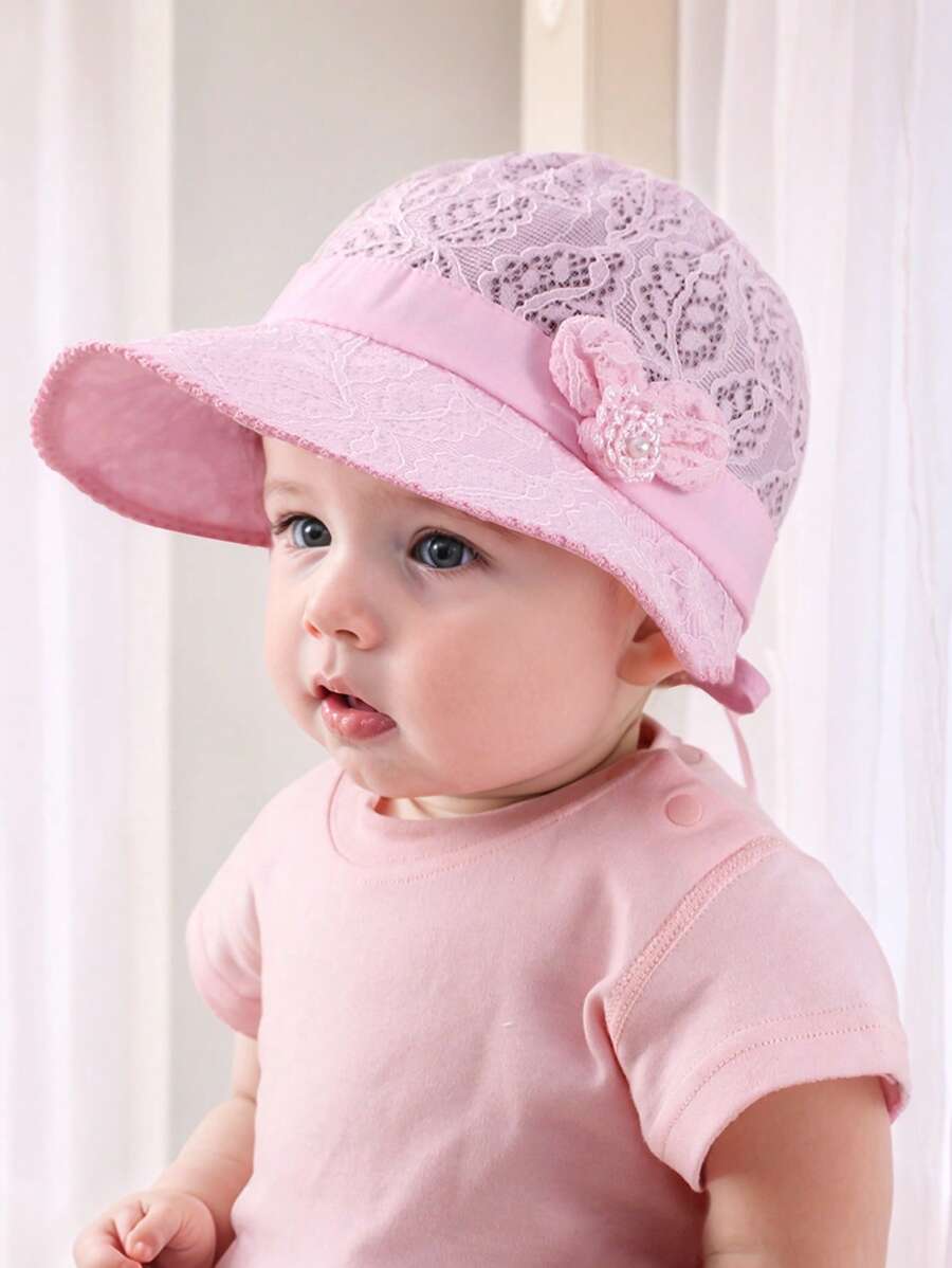 女婴遮阳帽，春夏蕾丝花朵公主风可爱宽檐帽 - 1PC - 查看 1