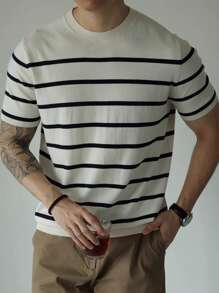 Camiseta de punto de manga corta con rayas para hombre - Blanco - Ver 2
