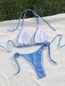 New Stylish European And American Women Two Pieces Bikini Swimwear Set - Baby Blue - View 8