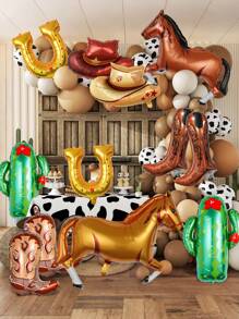 Set de 6/12 globos de temática del oeste, incluye globos con forma de caballos, sombreros vaqueros marrones, botas, globos con forma de cactus, globos de lámina con forma de herradura, adecuado para fiestas temáticas del oeste salvaje, decoraciones de fiestas de cumpleaños, fiestas temáticas de primer rodeo, despedidas de soltera vaquera, decoración de animales de granja - Multicolor - Ver 3