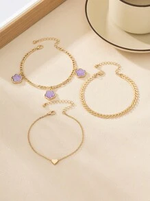 3pcs Summer Vacation Beach Style Wheat Chain Clover Heart Pendant Anklets Set - Purple - View 3