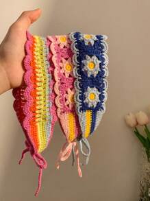 1 pièce Bandeau long en tricot orné de fleurs pour femmes, style boho chic, imprimé floral, look bohème doux et décontracté. Convient pour le port quotidien et les sorties printanières